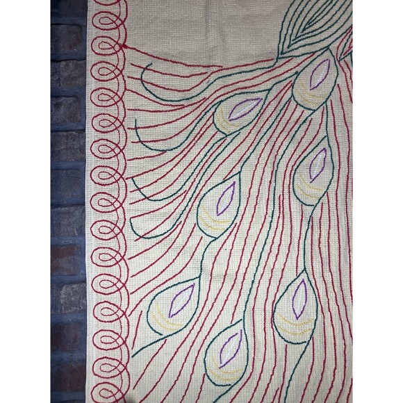 Vintage Chenille Peacock Rug Red Green Yellow White ~ 30”x55” 40-50’s Mod - Picture 14 of 16